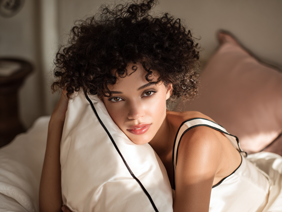 Collection Signature Taie d'oreiller en soie skincare infusée au cuivre Ivoire passepoil noir